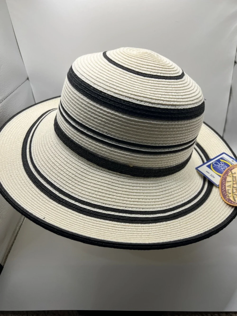 032. Scala Striped Wide Brim Sun Hat Black & White